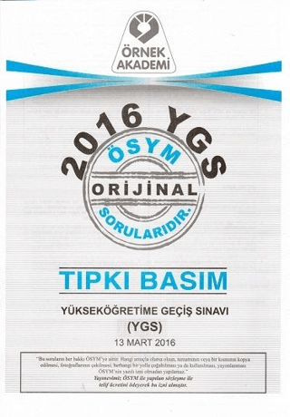 2016 YGS ÖSYM Tıpkı Basım Soru Kitapçığı Kolektif